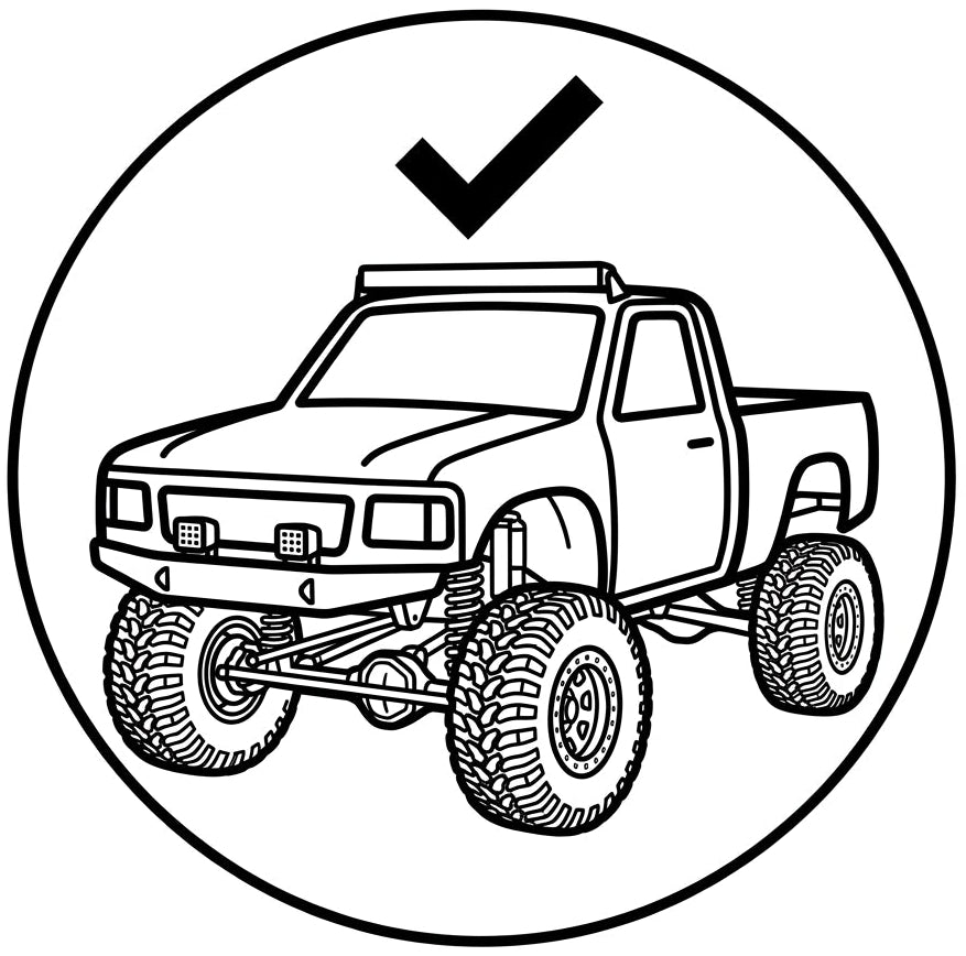 Black and white line art illustration of a lifted monster truck inside a circular frame with a checkmark above it, on a plain white background.