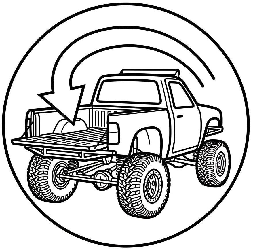 Black and white line art illustration of an off-road monster truck with a flatbed, enclosed in a circular frame with a downward motion arrow graphic.