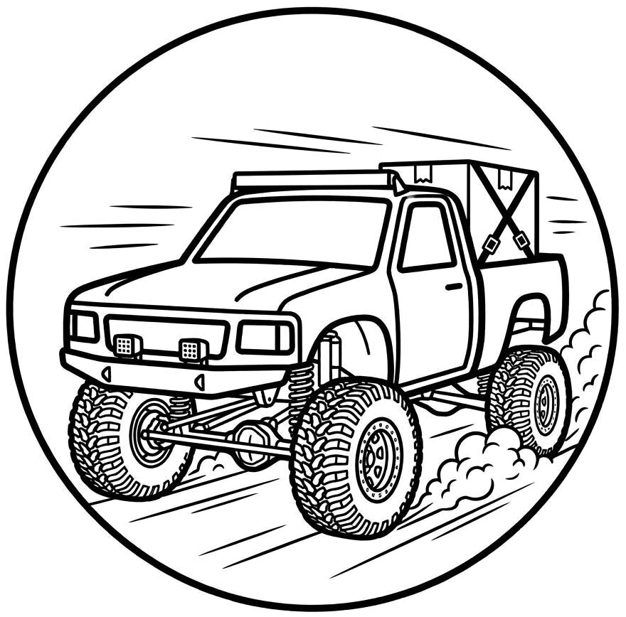 Black and white line art illustration of a monster truck inside a circular frame, shown on a plain white background.